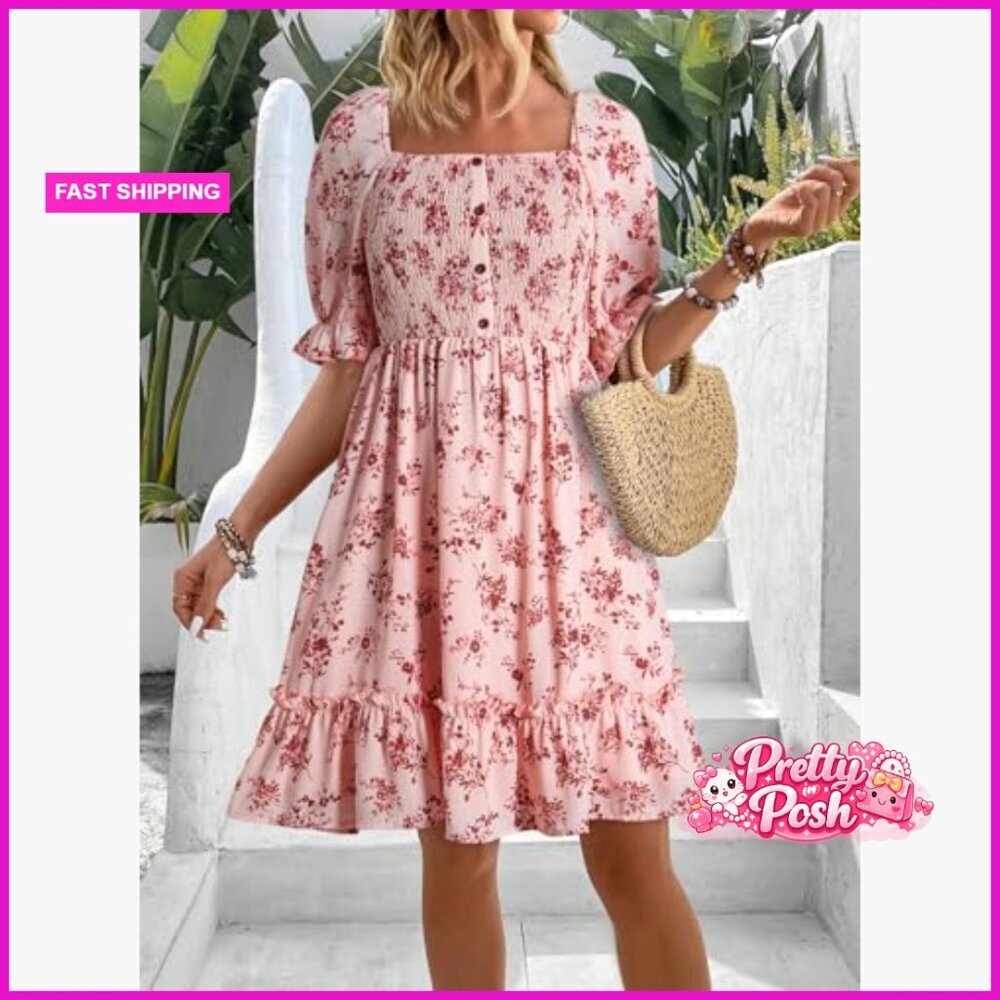Cotton Square Neck Smocked Boho Floral Sundress A-Line Mini Dress - Picture 2 of 7